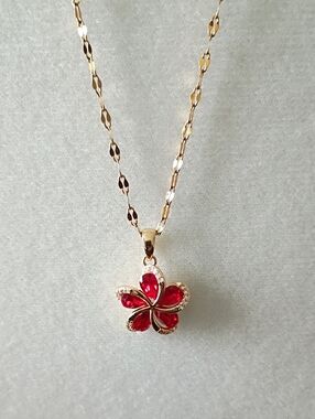 New Gold Tone Flower Pendant Necklace with Red Gem Petals